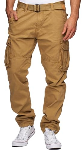 Indicode Herren William Cargohose aus Baumwolle m. 7 Taschen inkl. Gürtel | Outdoorhose Amber, XL