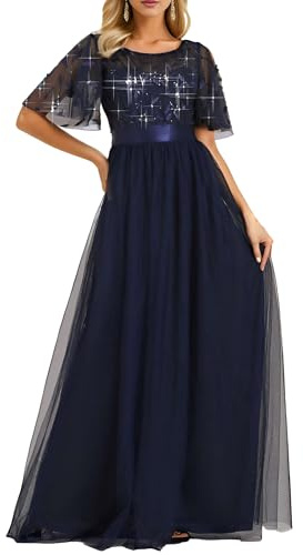 Ever-Pretty Abiti da Sera Stile Impero Maniche Corte Linea ad A Elegante Scollo a Rotondo Donna Tulle Blu Navy 52