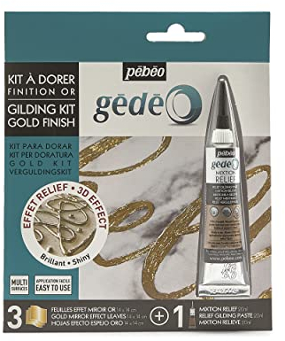Pebeo Gilding Relief Mix Kit 20ml + 3 Gold Mirror Effect Sheets, 3 foils