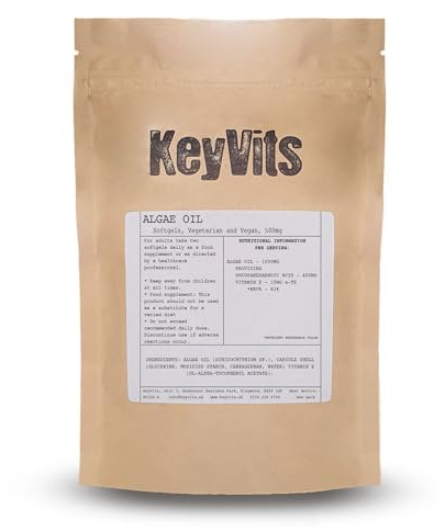 KeyVits Vegan Omega 3 Algae Oil Capsules with Vitamin E - 500mg Algae Oil - 60 Softgel Capsules
