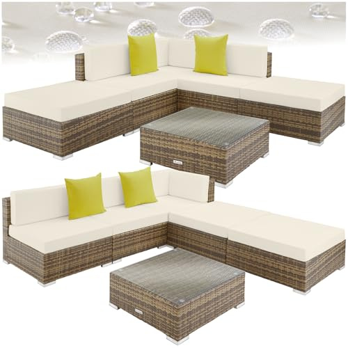 tectake® Set Rattan Paris, Salotto da Giardino Esterno in Polyrattan, Telaio in Alluminio, Poltrone, Tavolino Salotto con Lastra in Vetro, 2 Cuscini Aggiuntivi - Naturale