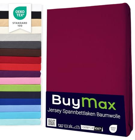 Buymax® Spannbettlaken 90x200cm Baumwolle 100% Spannbetttuch Bettlaken Jersey, Matratzenhöhe bis 25 cm, Farbe Bordeaux