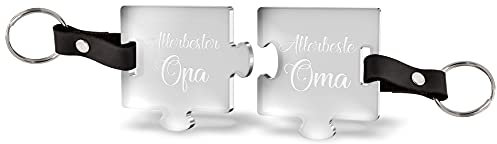CHRISCK design 2 Schlüsselanhänger Puzzle mit Gravur ''Oma & Opa'' aus massivem Acrylglas. Geschenk-Idee zum Geburtstag für Großeltern, Familie, Mama, Papa
