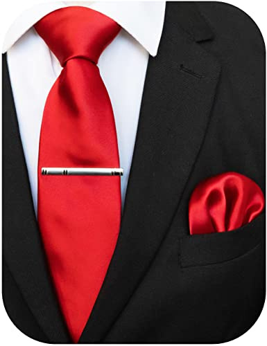 JEMYGINS Cravate Homme Rouge2 en Soie en Satin Multicolores et Pinces à cravate et Carre de poche Emsemble