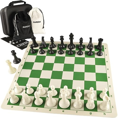 OUMODA 4 King Tournament Chess Set Foldable 20 Silicone Chess Board Mat with 2.2 Squares Green Color, Weighted Chess Pieces- 2 Extra Queens, Carrying Case for Storage and Travel