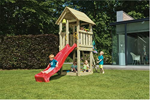 Torre de juego de kiosco de madera de alerce natural, 105 x 105 x 325 cm, con tobogán ondulado, color azul, anclaje al suelo, escalera y asas