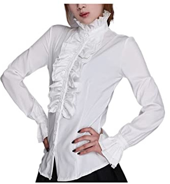 Niusricy Blusa vintage de cuello alto con volantes para mujer, estilo victoriano, para oficina, boda, color blanco, talla S