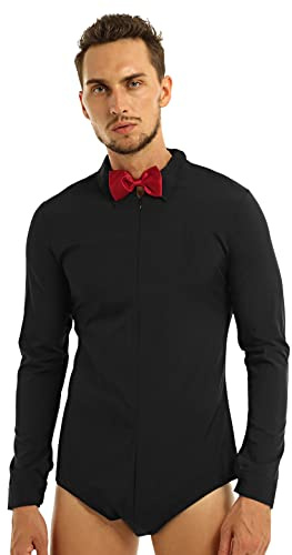 Sinleey Men's Ballroom Latin Ballet Dance Shirt Long Sleeve Stage Performance Costume Bowtie Leotard Black Medium