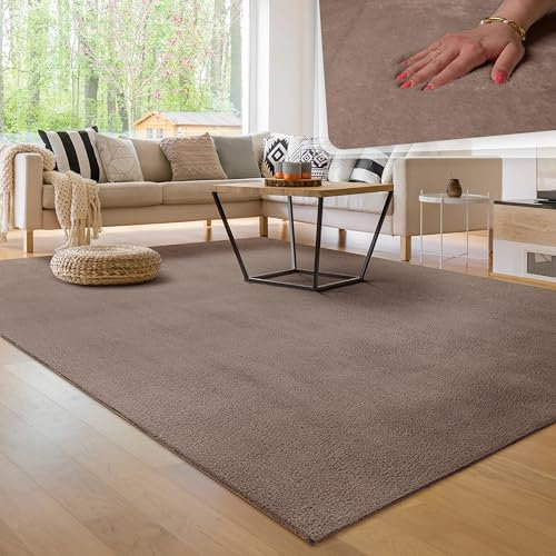 Paco Home Modern Cosy Living Room Rug Short Pile Washable Fluffy Soft Unicolor Fur Look Easy to Clean Non Slip, Size:160x220 cm, Colour:Taupe