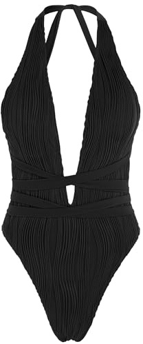 ZAFUL Women Plunging One Piece Swimsuit Backless Cross Tie High Cut Thong One-Piece Bathing Suit 23-Black M
