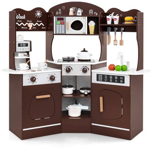 COSTWAY Kids Corner Play Kitchen, Wooden Pretend Toy Kitchen with Realistic Lights & Sounds, Coffee Maker, Microwave, Sink, Faucet, Utensils, Children's Chef Role Play Set for Boys Girls (Coffee)