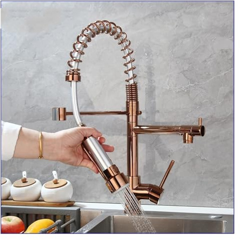 Faucet Cucina lavello del lavello a Doppio beccuccio a Doppio beccuccio in Oro Rosa Tira Fuori con ruscelli a 360 ° corsi d'Acqua Calda e Mixer ad Acqua Fredda Water-Tap