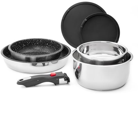 ROSSETTO Juego de cacerolas para inducción 7 piezas, acero inoxidable, mango extraíble, apilable, sin PFAS, antiadherente, sartén 20/26 cm, cacerola 16/20 cm