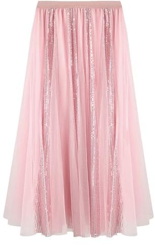 SPFASZEIV Falda Larga de Tul con Lentejuelas para Mujer Brillante Corte A Falda Midi para Damas Outfits Casual Fiesta Festival Una Talla Rosa