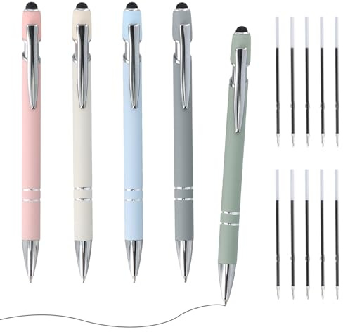 xianynow 5 Stück Metall-Kugelschreiber mit rutschfester Griffzone, 2-in-1 mit Touchpen, Großraumine Kugelschreiber Set für Büro und Haushalt, inklusive 10 Ersatzminen, Strichstärke 0,7 mm, Schwarzer