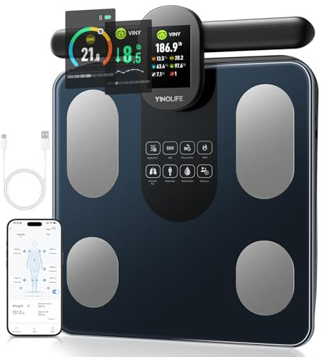 YINOLIFE Scale for Body Weight, 8 Electrode Smart Bathroom Scale with BMI Body Fat Muscle Mass 28 Full Body Composition, High Precision Digital Weight Scale with Handle Display, Rechargeable, 400 lbs