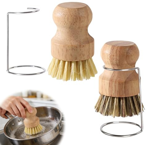 2Sets Bamboo Palm Brush with 2 Drain Racks, Bamboo Dish Pot Pan Brushes, Wooden Washing up Brush for Dish Pots Pans Kitchen Sink Cleaning for Washing Dishes, Pots, Pans & Sink