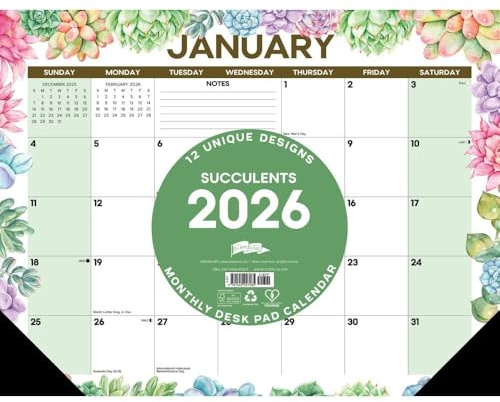 Succulents 2026 22 X 17 Large Monthly Deskpad