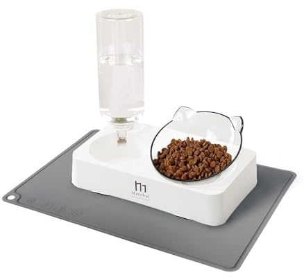Marchul Ciotole per Gatti con Tappetino, per cibo, con Distributore Automatico di Acqua, Rialzate, 15° Inclinate, Doppio, per Cuccioli