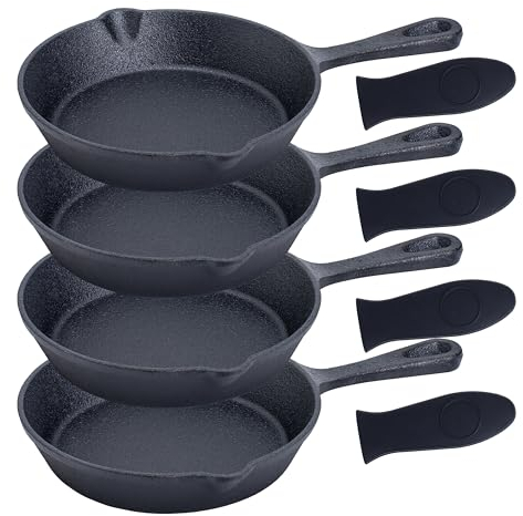 Bruntmor Cast Iron Frying Pan Set of 4-6x4 Inch Black Pre-Seasoned Skillets with Heat-Resistant Silicone - Mini Cast Iron Skillet Set for Stovetop, Oven, and Grill