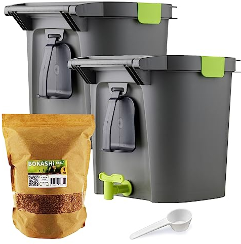Lote de 2 Bokashi Confort 14 litros, compostador orgánico de Alta Gama con compactador y activador de fermentación 1kg | Kit Completo