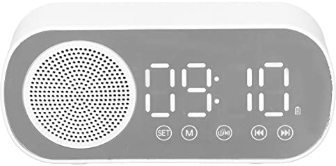 PUSOKEI Digital Alarm Clock Radio,Bluetooth V5.0 HiFi Speaker Mirror Clock Dual Alarms Snooze FM Radio,Micro USB 1600mAh Battery,Bedside Clock for Bedrooms
