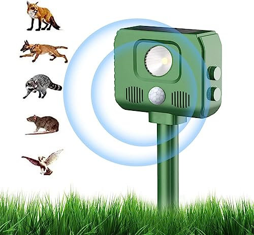 Ultraschall Solar Tiervertreiber, Marderschreck bis zu 12m Reichweite, Wetterfest IP44, Ultraschall Solar und LED Blitz Tiervertreiber Katzenschreck für Katzen gegen Katzen, Hunde, Marder