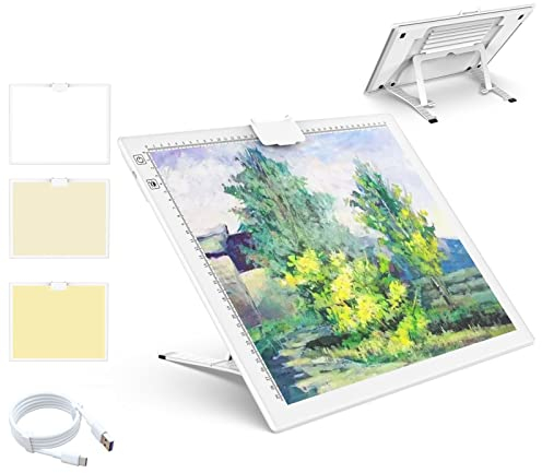 QENSPE Leuchttisch A3 Kabellos, LED Light Pad Leuchtkasten Kinder mit Akku, 3 Farbmodi und 6 Helligkeitsstufen, Stufenlos Dimmbar, lightbox mit Ständer und Magnetisch Clip, Diamond Painting Zubehör