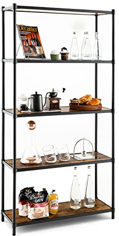 GOPLUS Étagère de Rangement 5 Niveaux, Étagère de Cuisine Anti-Basculement, Cadre Acier, Pieds Réglables, Étagère en Échelle pour Chambre, Salon et Bureau, Style Industriel, 80 x 29 x 154 cm