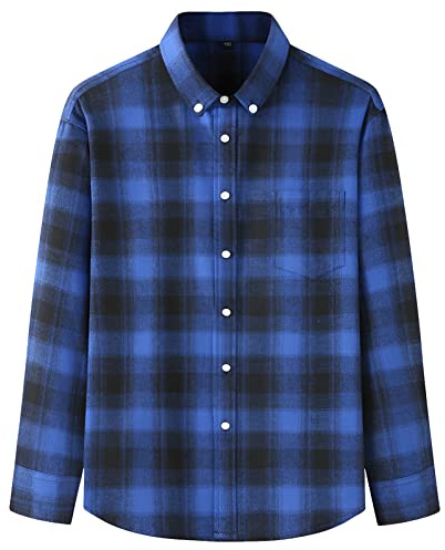 Jamron Hombre Talla Grande Manga Larga Camisa de Cuadros Franela Camisa Casual con Botone de Mezcla de Algodón Cepillado Azul Real XXL