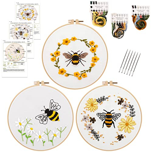 HAOCOO 3 set broderisats för nybörjare, korsstygnskit med blommönster och bimönster och instruktioner, komplett utbud av broderityg, broderiöglor, färgtrådar och verktyg (bi)