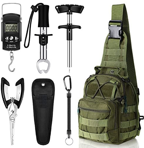 Hungdao 7 Pcs Fishing Backpack Tools Kit, Sling Bag Scale, Army Green