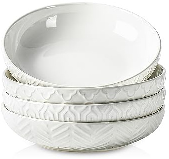 Sureasy Pasta Bowls Set of 4-30oz Large Ceramic Embossed Bowl Plates, 8.5 Inch Wide and Shallow Plate Bowls, Salad Bowl, Microwave, Oven & Dishwasher Safe, White