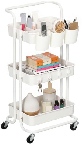 HOMCOM Carrito Auxiliar con Ruedas de 3 Niveles Carrito de Cocina con Mango 3 Cestas de Malla y 3 Cajas Colgantes Carro de Almacenamiento para Baño Salón 42x38x86,5 cm Blanco