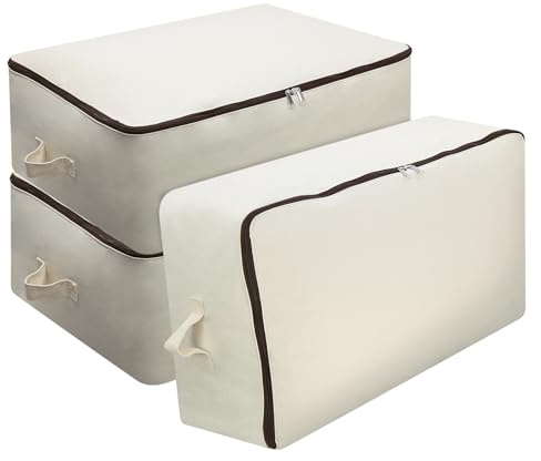 Omygarden 3 Pack Clothes Storage Bag Organizer with Sturdy Zipper for Quilts, Sweaters, Beddings, Blanket, Blouses and More, Beige