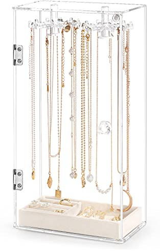 mepure Schmuckständer, Acryl-Schmuck Ständer mit 24 Haken, Drehung klar Ketten Anhänger Vitrine Stand, staubdicht Samt Tablett hängenden Rack Lagerung für Ohrringe Ringe