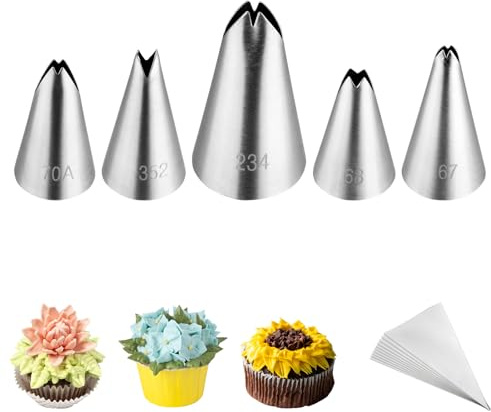 Kasmoire 5pcs/set Leaf Piping Icing Nozzles,Stainless Steel Cake Piping Icing Nozzles with 10Pcs Disposable Piping Bags,Cake Decorating Tips Set for Baking