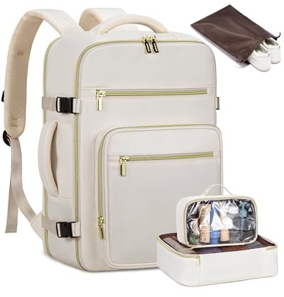 LOVEVOOK Handbagage ryggsäck flygplan, reseryggsäck 45 x 36 x 20 för Ryanair Easyjet, 40 l ryggsäck kvinnor män vattentät, laptopryggsäck 17 tum, stor resväska resväska, beige