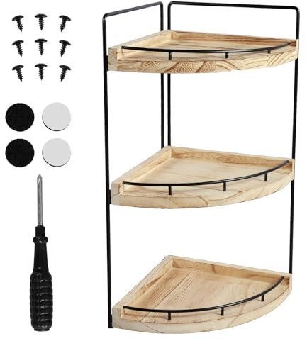 NIHUIFDPY Estante de ducha esquinero de madera de 2 niveles/3 niveles, organizador de ducha esquinero montado en la pared, estante de almacenamiento de ducha para baño, cocina, dormitorio (3 niveles)
