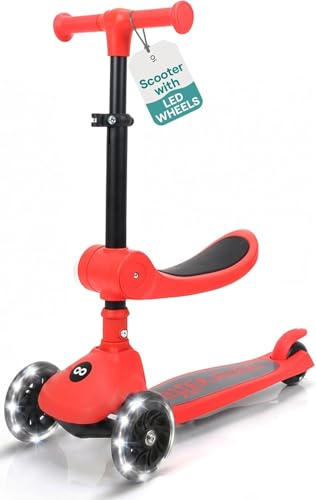 SereneLife 3 Wheel Scooter for Toddlers & Kids, Foldable Seat, LED Wheels, Adjustable Handlebar, Anti-Slip Deck, Rear Foot Brake, Lean-to-Steer, Kid Scooter Ages 18M–7Y, Supports up to 110 lbs