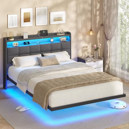 AOGLLATI Lit Flottant,140×190 CM, Cadre de Lit Métal avec Éclairage LED, Multiprise, Tête de lit Capitonnée avec Rangement,Tissu en Lin, Structure Stable, Pas Besoin de Sommier,Gris Foncé