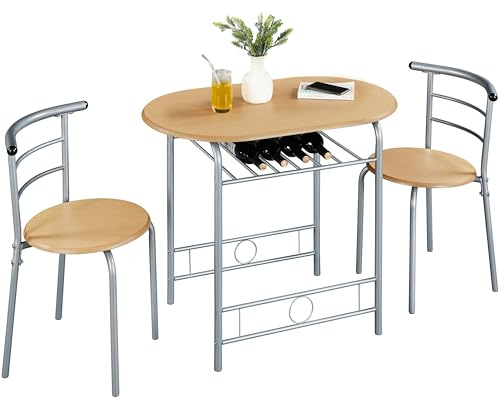 Soberine Set Tavolo Moderno con 2 Sedie per Sala da Pranzo, Set 3 Pezzi Mobili Salvaspazio da Cucina Balcone Ristorante Bar per 2 Persone in Legno e Metallo Sedia Portata Beige 90 x 53,5 x 75,5 cm