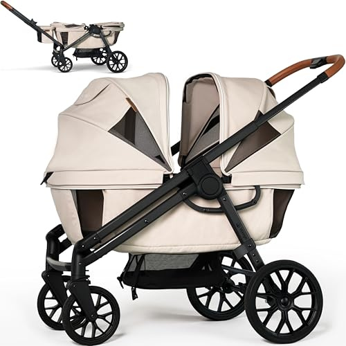 Passeggino tandem Wagon per 2 bambini, per tutti i tipi di terreno, con tettuccio rimovibile con protezione UV, maniglia regolabile, vassoio per snack e portabicchieri, perfetto per neonati e bambini