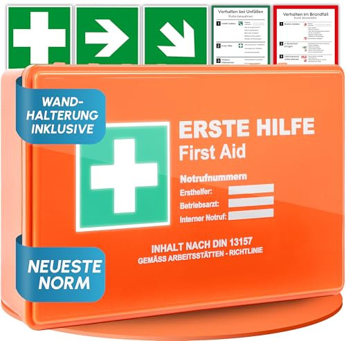 Cassetta di pronto soccorso secondo la norma DIN 13157:2021 con supporto da parete e adesivi; valigetta universale di primo soccorso per funzionamento, casa o gastronomia, cassetta di pronto soccorso