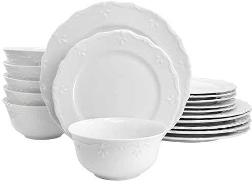 Elama Henryi 18 Piece Embossed Rim Detail Porcelain White Dinnerware Set, Tableware Set, Serveware (18 Piece)
