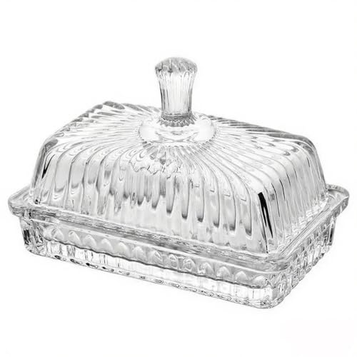 PEPAXON Glass Butter Dish with Lid Transparent Butter Serving Tray Butter Container 16Lx9.5Wx10.8H Centimeter (Long Handle)