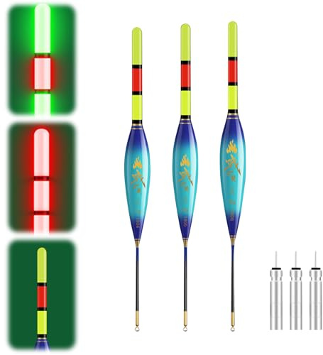 ACAREY Lot de flotteurs de pêche à LED avec indicateur de morsure - Bouée de nuit double couleur - Charge maximale : 4 g/5 g/6 g/7 g/8 g/9 g - Avec chargeur de piles, accessoires de pêche pour rivière