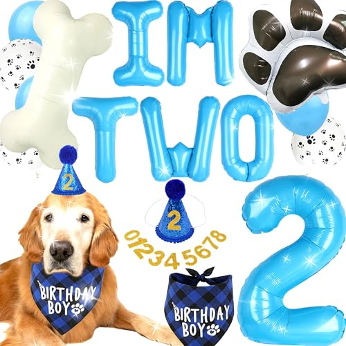 Cane Secondo Compleanno Forniture Cane Cucciolo 2 ° Compleanno Banner Im due Palloncini Cappello con Numero Bandana Palloncini per Animali Domestici