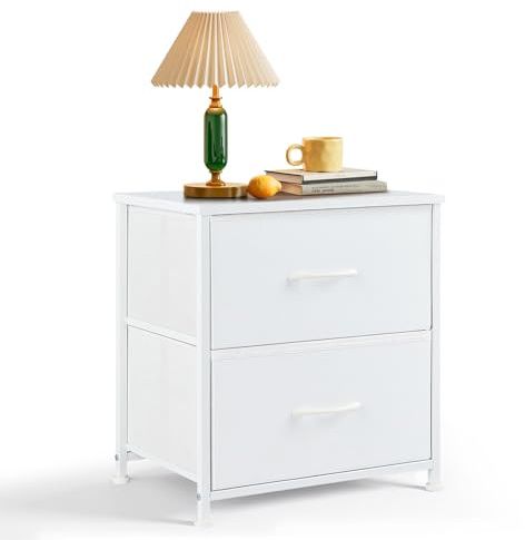 Nightstand, Small 2 Drawer Dresser End Table Bedside Furniture, Wooden Top Fabric Bins for Bedroom, Closet, Entryway, Dorm, 11.8 D x 18 W x 20, White