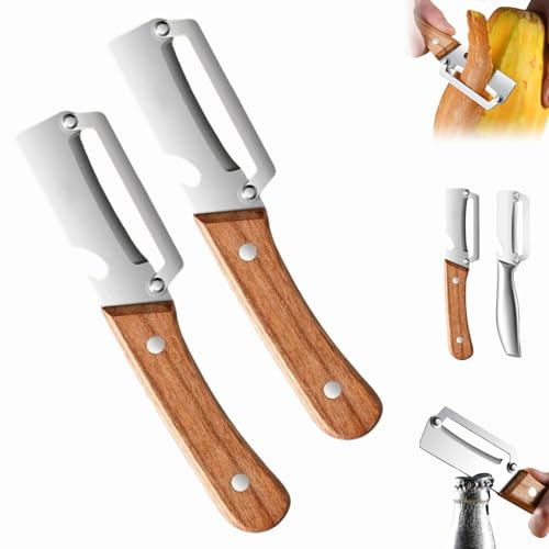 Multi-Functional Vegetable Peeler for Kitchen - Ultra Sharp Stainless Steel Blades, Julienne Vegetable Peeler with Wooden Handle and Bottle Opener, for Easy Potato, Fruit & Veggie Peeling (A-2pcs)